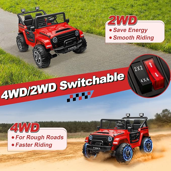 24V Ride on Car with Remote Control, XL 2 Seater 4WD/2WD Switchable Truck w/4X200W Motor, 20 Inch Wide Seat, Gift Flower Power Car Wheels 24 Volt Big Truck for Boys Girls, Red