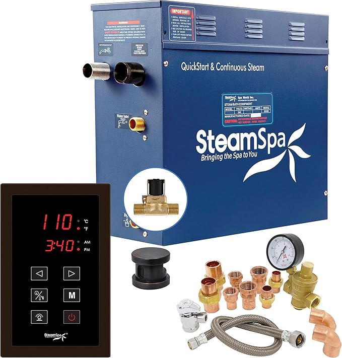 SteamSpa 7.5kW Steam Sauna Generator Premium Bundle 240V Steam Generator with Touch Pad Control, Steamheads, Pressure Relief Valve, Built-in Auto Drain and Plumber Quick Install Kit PRT750OB-A