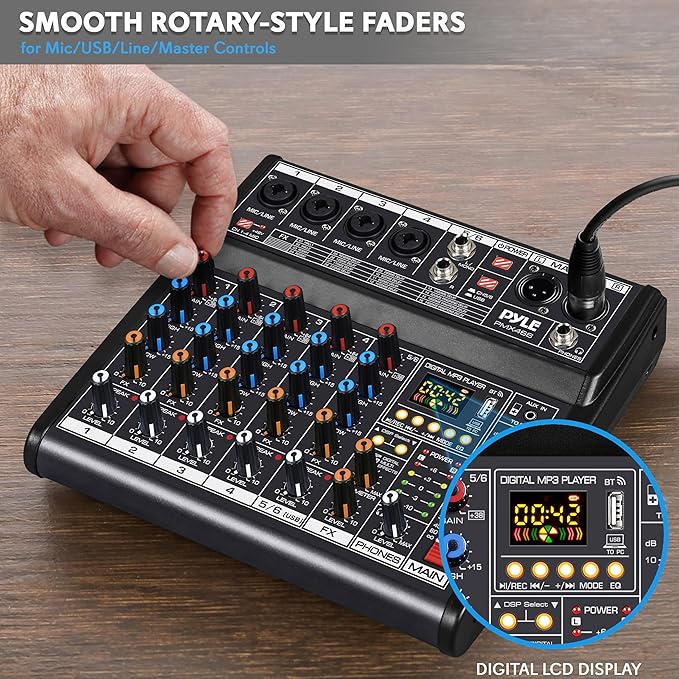 Pyle Professional Bluetooth DJ Audio Mixer - 6-Channel DJ Controller Sound Mixer w/DSP 16 Preset Effects, USB Interface, 4 XLR Mic/Line Input, AUX, FX Processor MP3 Player, Headphone Jack - PMX466