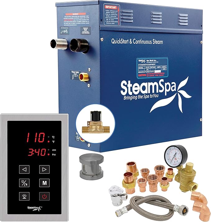 SteamSpa 6kW Steam Sauna Generator Premium Bundle 240V Steam Generator with Touch Pad Control, Steamheads, Pressure Relief Valve, Built-in Auto Drain and Plumber Quick Install Kit PRT600BN-A