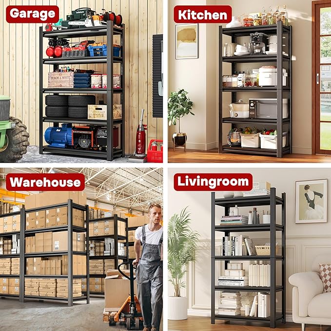 40" W Metal Garage Shelving Unit 2500LBS Heavy Duty Storage Shelves 4 Tier Adjustable Shelves Unit Metal Shelving for Kitchen Warehouse Pantry Basement, 40" W×63" H×16" D, Black