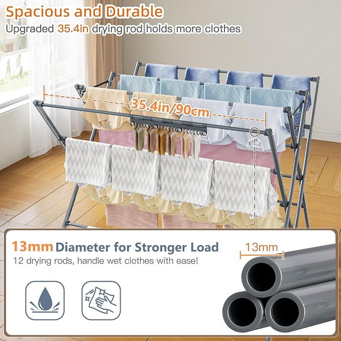 Drying Rack Clothing, 35.43in Long Drying Poles Large Clothes Drying Rack | - Image 4