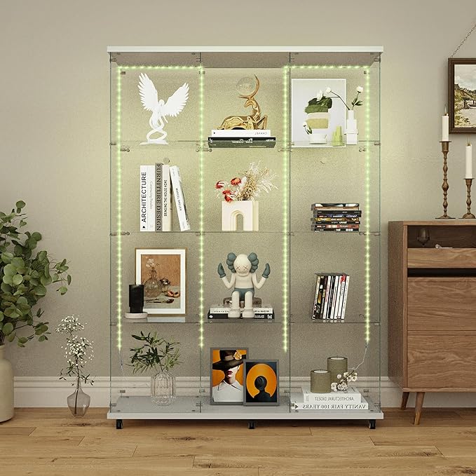 Yoluckea 4 Tiers Glass Display Cabinet Extra Large with Bluetooth LED Light Strip, 2 Doors Floor Standing Curio Cabinet with Universal Wheel for Home, White Glass Bookshelf for Collections, Wood Top