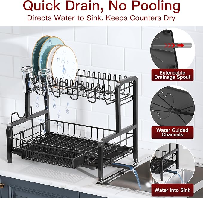 BOOSINY 2 Tier Black Stainless Steel Dish Drying Rack - Image 2