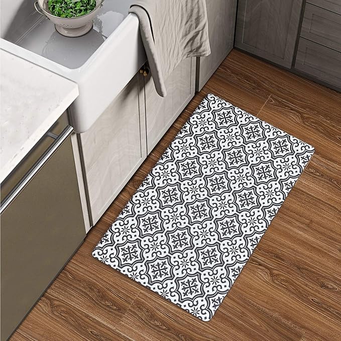 Kitchen Mats Anti Fatigue Floor Rugs 18x30x1/2-Inch Comfort Standing Rugs Non Slip Waterproof for Laundry Bath Room Garages (White/Black)