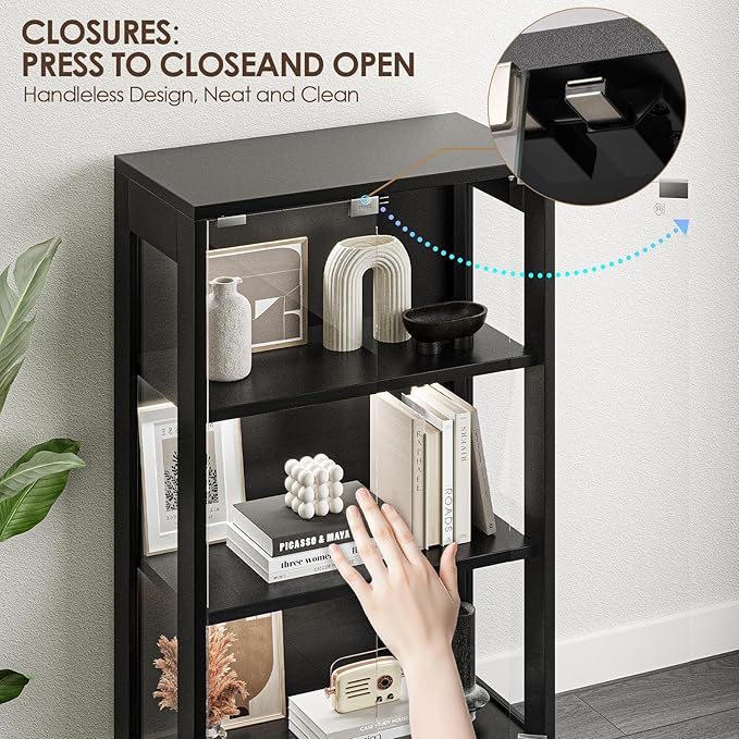 Display Cabinet with Glass Doors 4-Tier, 7 Vibrant Colors 3 Dynamic Lighting Modes, HD Glass Storage Cabinet with Human Body Sensor for Curio, Trophy, Collectibles (Black)
