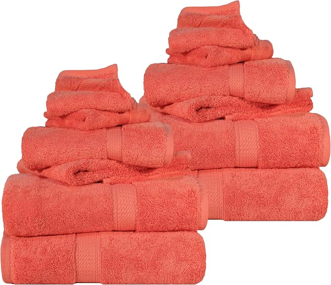 SUPERIOR Egyptian Cotton Ultra Plush & Absorbent, 12 Piece Set, Coral | by SUPERIOR