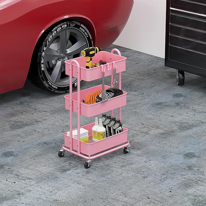 Simple Houseware 3-Tier Heavy Duty Metal Utility Rolling Cart, Pink