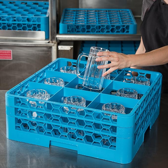 Carlisle FoodService Products RG9-214 OptiClean 9 Compartment Glass Rack with 2 Extenders, 7.12", Polypropylene, Blue