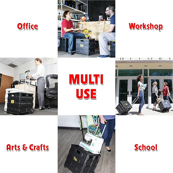 dbest Products Quik Cart Sport Collapsible Rolling Crate on Wheels for Teachers Tote Basket 80 lbs Capacity, Made from Heavy Duty Plastic, Black, Compact