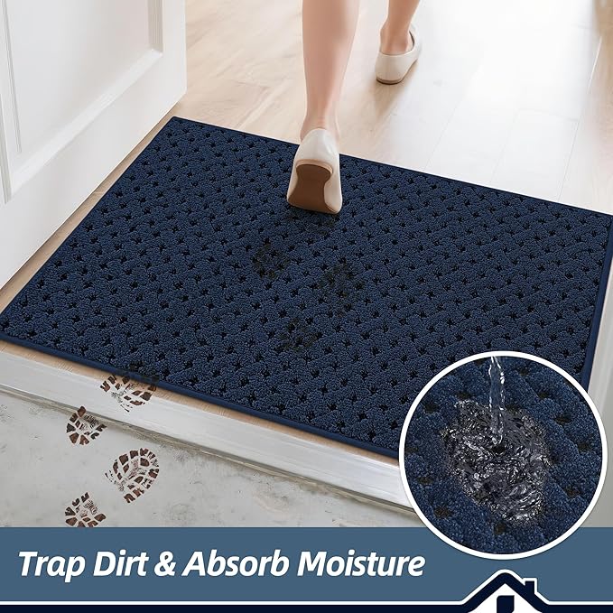 BEQHAUSE Dirt Trapper Door Mat Non-Slip Entryway Rugs Stain Resistant Absorbent Dog Doormats Woven-Look Washable Welcome Floor Doormat for Front Back Door, Muddy Wet Shoes & Paws, 20" x 32", Blue