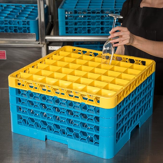 CFS RG49-4C411 OptiClean 49 Compartment Glass Rack with 4 Extenders, 10.3", Polypropylene, Yellow/CFS Blue