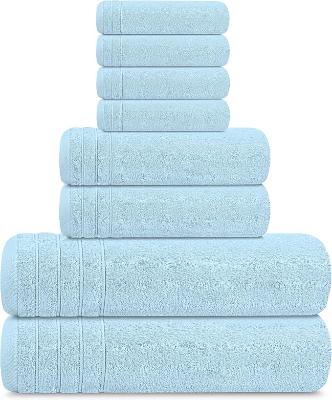 8 Piece Towel Set, 2 XL Bath, 2 Hand, 4 Washcloth, Sky Blue | 100% Cotton - Image 9