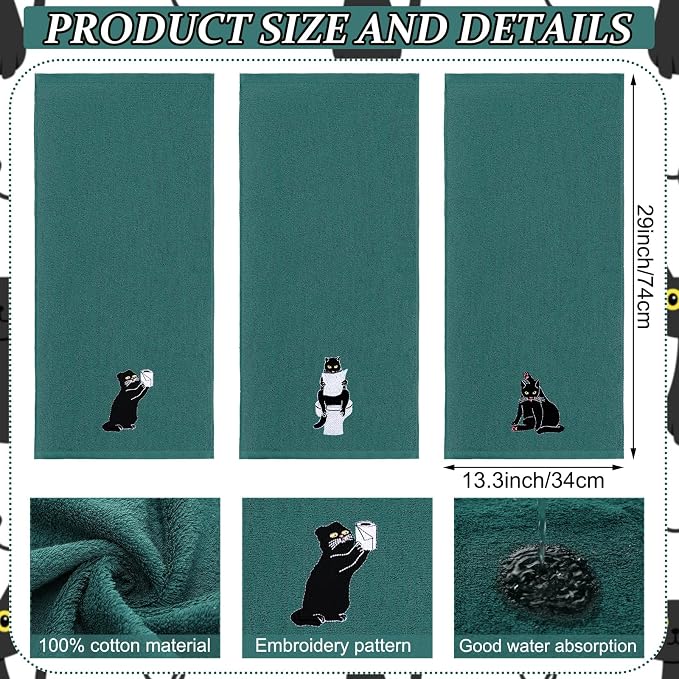 3 Pcs Cat Hand Towels for Bathroom Decor | Embroidered Black Cat Design - Image 2