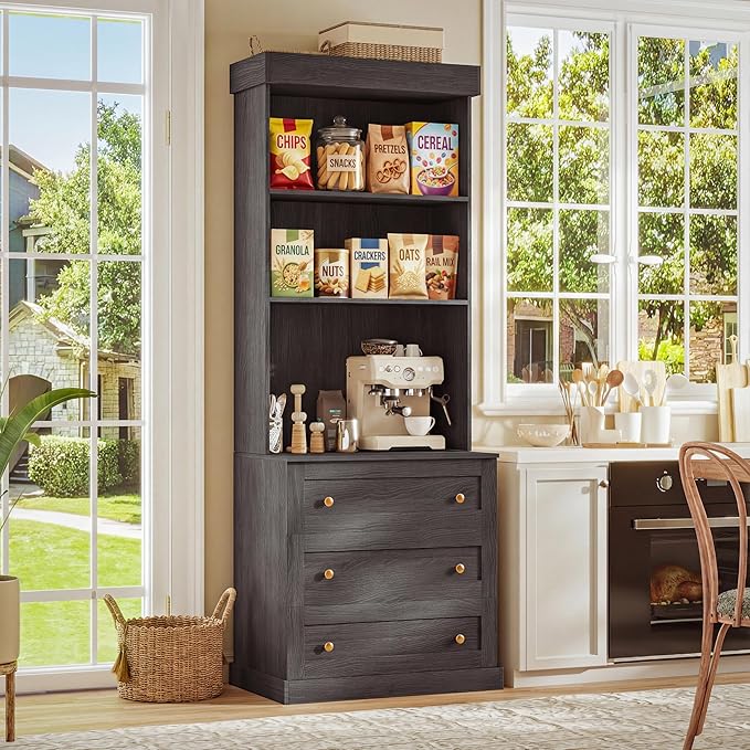 Vyre 71" Farmhouse Kitchen Pantry Cabinet, Black Freestanding Coffee Bar Hutch with Drawers & Adjustable Shelves, Large Storage Cabinet with Microwave Stand for Living Room & Kitchen