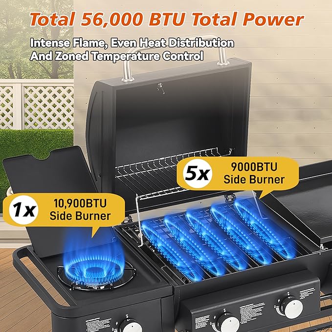 5 Burner Propane Gas Grill with Grilling & Griddling, 56,000 BTU Gas Grill with Side Burner, BBQ Grill with Stainless Steel Frame, 745 Sq In Cooking Area for Patio Backyard, Patio