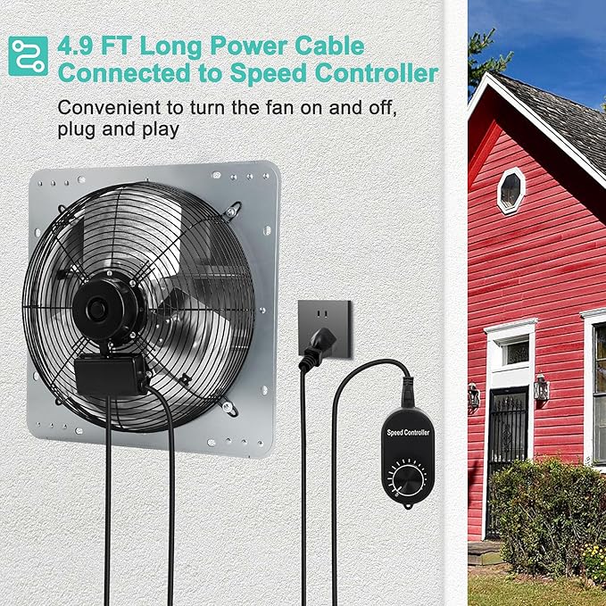 14 Inch Shutter Exhaust Fan with Speed Controller and Power Cord, High Power Wall Mount Attic Fan for Greenhouses, Sheds, Garages, Chicken Coops, Barns Ventilation, 1088 CFM