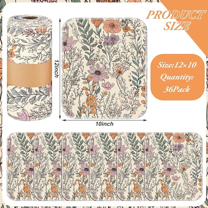 Reusable Kitchen Cloths Cotton Towel, 36 Pack, Cute Wildflower - Image 2