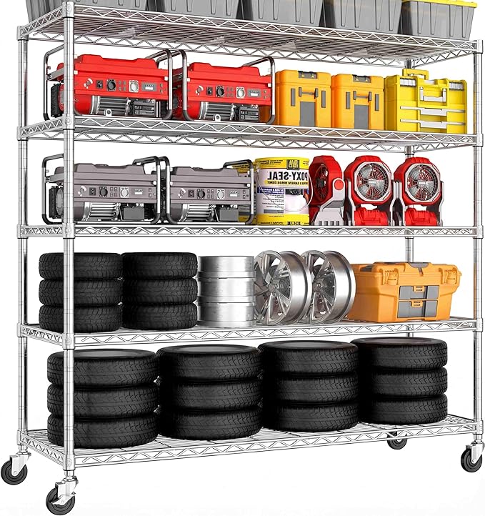PrimeZone 5 Tier 48" Wx24''Dx81''H Wire Shelving with Wheels 3000lbs NSF Certified Storage Shelves Heavy Duty Metal Shelf Adjustable Rolling Rack Commercial Garage Restaurant Warehouse Chrome 4Pack