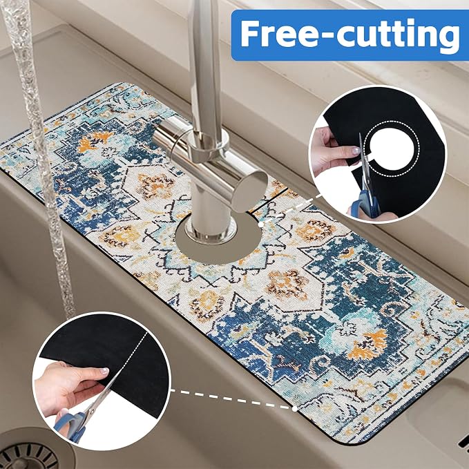 Oriental Blue Turkish Carpet Pattern Sink Faucet Absorbing Mat Sink Splash - Image 7