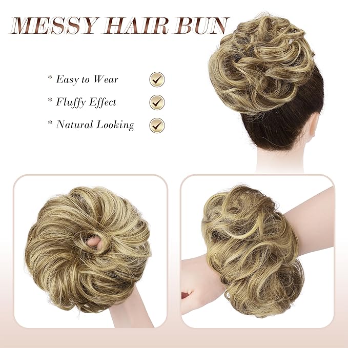 FESHFEN Large Messy Bun Hair Piece - Wavy Synthetic Chignon Scrunchies Elastic Ponytail Hair Extensions Thick Hairpieces for Women, Sand 1.94oz