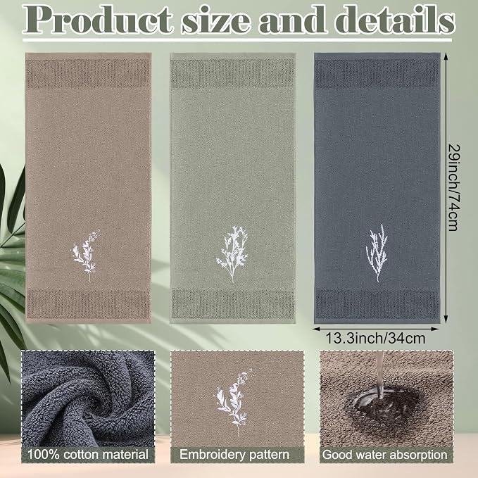 FuWeave 3 Pcs Boho Botanical Hand Towels Bathroom Kitchen Decor | Embroidered - Image 2