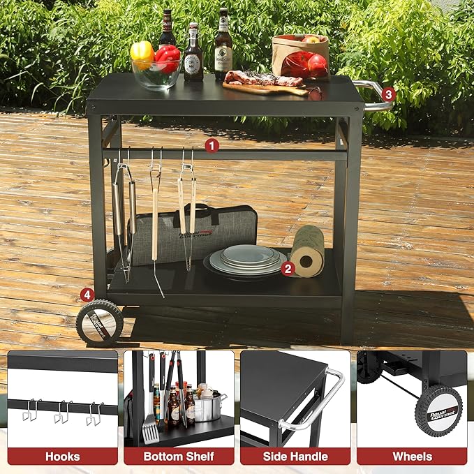 Royal Gourmet Dining Cart Table with Double-Shelf, Movable Stainless Steel Flattop Grill Cart, Hooks, Side Handle, Multifunctional PC3401B (Black)