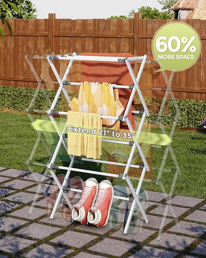 3-Tier Foldable Clothes Drying Rack, 37.6" H, Tool-free Assembly, Extendable - Image 3