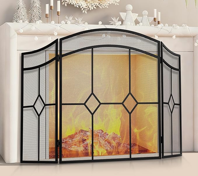 FEED GARDEN 3 Panel Fireplace Screen Wrought Iron 48" W x 30" H Foldable Heavy Duty Fire Spark Guard Cover with Metal Decorative Mesh for Living Room, Home Decor Indoor, Black