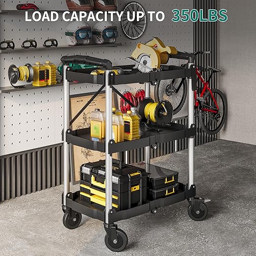 YITAHOME 3-Tier Folding Utility Cart with Wheels, Foldable Service Cart Collapsible Rolling Cart w/ 360° Swivel Wheels & Brake, 350lbs Load Capacity Portable Utility Cart for Kitchen, Warehouse