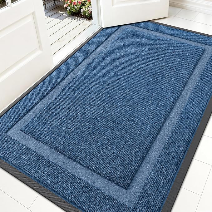 OLANLY Front Door Mat Indoor Outdoor Entrance, Waterproof All-Season, All-Weather Doormat, Sturdy Natural Rubber, Fade Resistant, Low Profile, Easy Clean Patio Porch Entryway Mat, 59x34, Light Blue