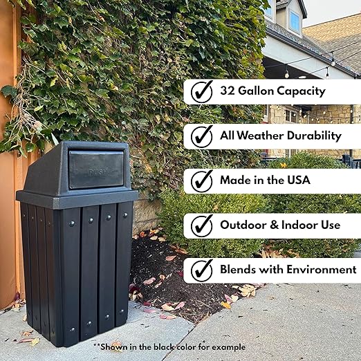 Campus Collection 32 Gallon Square Slatted 100% Recycled Plastic Heavy-Duty Commercial Outdoor or Indoor Trash Can with Push Top Lid | Great for Schools and Businesses - White
