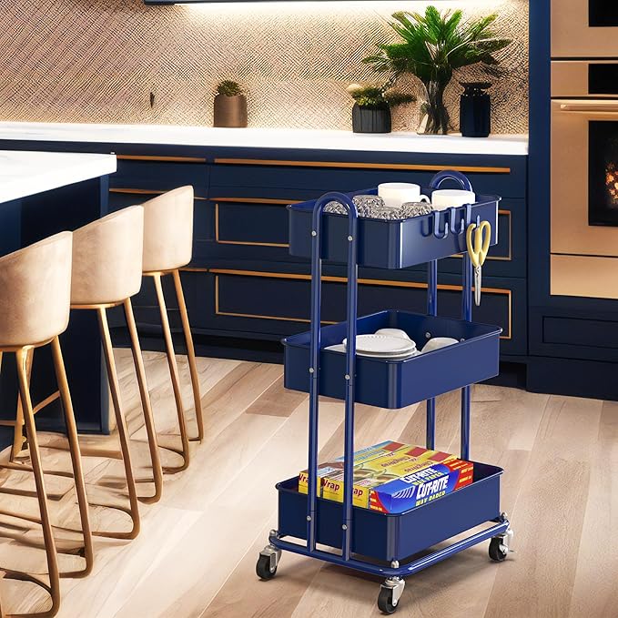 Simple Houseware 3-Tier Heavy Duty Metal Utility Rolling Cart, Navy