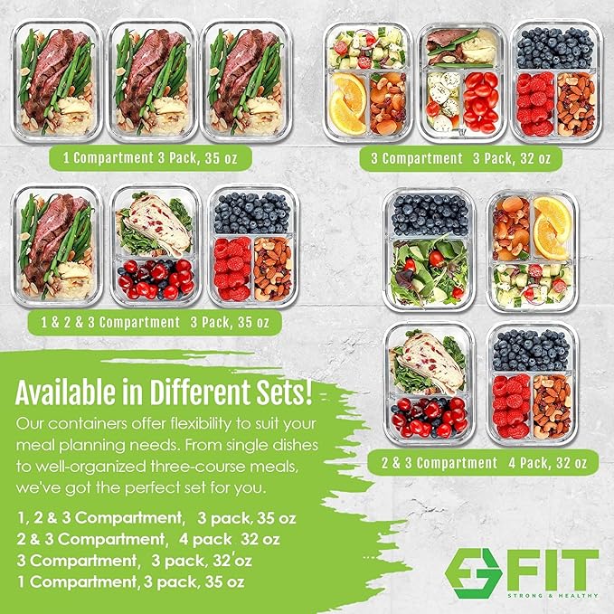 FIT Strong & Healthy Glass Meal Prep Containers 3 Compartment - Bento Box Adult Lunch Containers – Glass Snack Container with Lids, Leak-Proof Cover, Sectioned Storage Container, 32oz, Blue, 3 Pack