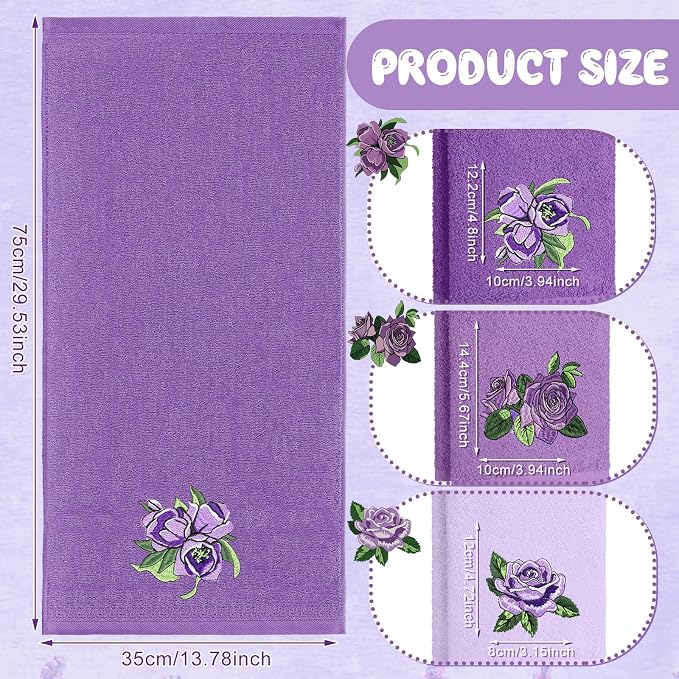 3 Pcs Purple Rose Hand Towels Lavender Purple Bathroom Decor | Embroidered - Image 2