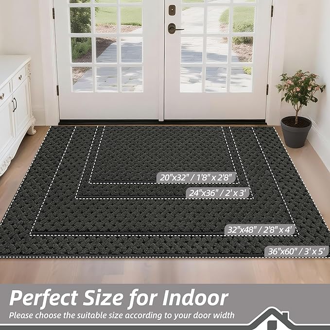 BEQHAUSE Dirt Trapper Door Mat Non-Slip Entryway Rugs Stain Resistant Absorbent Dog Doormats Woven-Look Washable Welcome Floor Doormat For Front Back Door, Muddy Wet Shoes & Paws, 36" x 60", Dark Grey