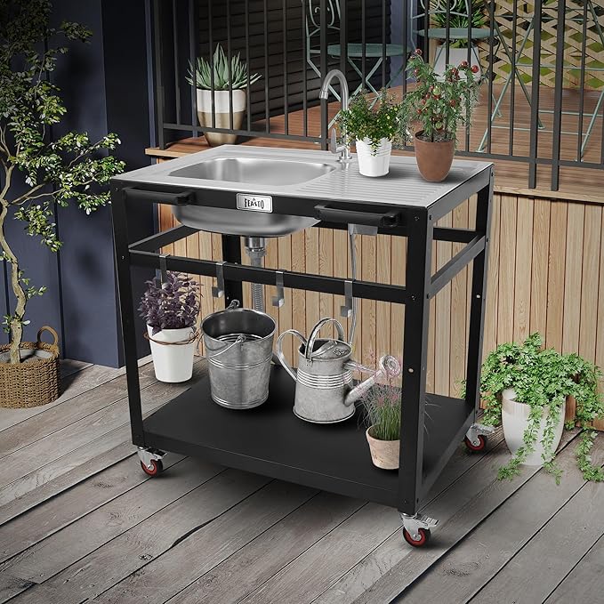35” Outdoor Grill Cart with Sink, Outdoor Kitchen Sink Station with Hose Hook Up, Free Standing Sink with Wheels, Stainless Steel Sink with Single Bowl, Outdoor Utility Sink with Faucet
