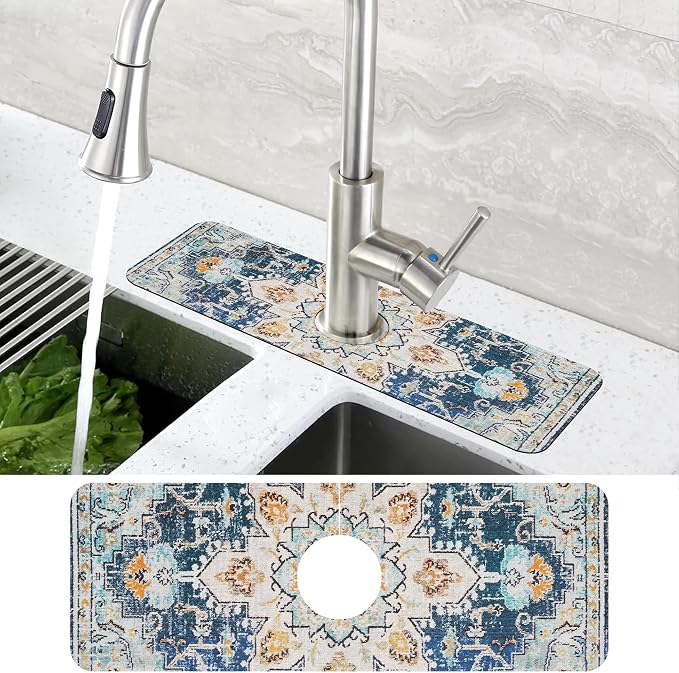 Oriental Blue Turkish Carpet Pattern Sink Faucet Absorbing Mat Sink Splash - Image 4