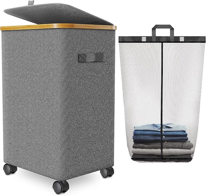 Laundry Hamper with Wheels, 75L Rolling Laundry Basket with Lid by Wuevu