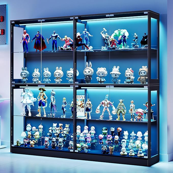 AMERLIFE RGB Display Cabinet with Adjustable Glass Shelves, 4-Tier Storage Case with LED Lights & Press-to-Open Doors, Modern Display Shelf for Collectibles, 70" H×75" L×16" D