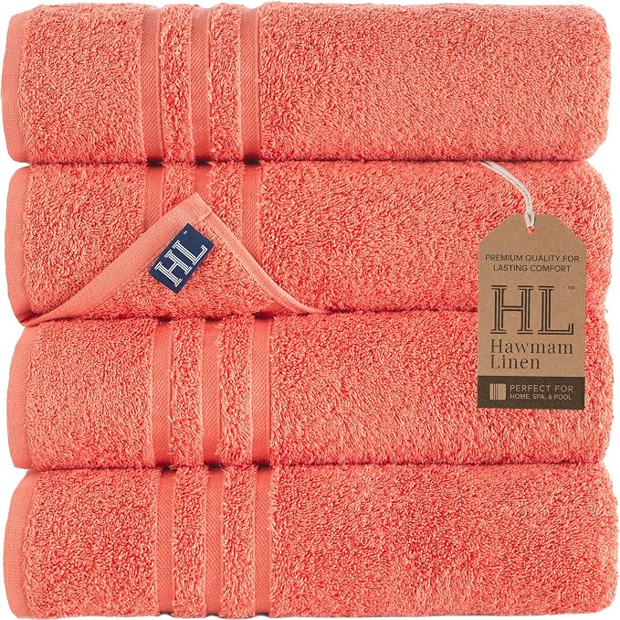 Hawmam Linen Coral Orange Bath Towels 4 Pack Soft and Absorbent by HawmamLinen