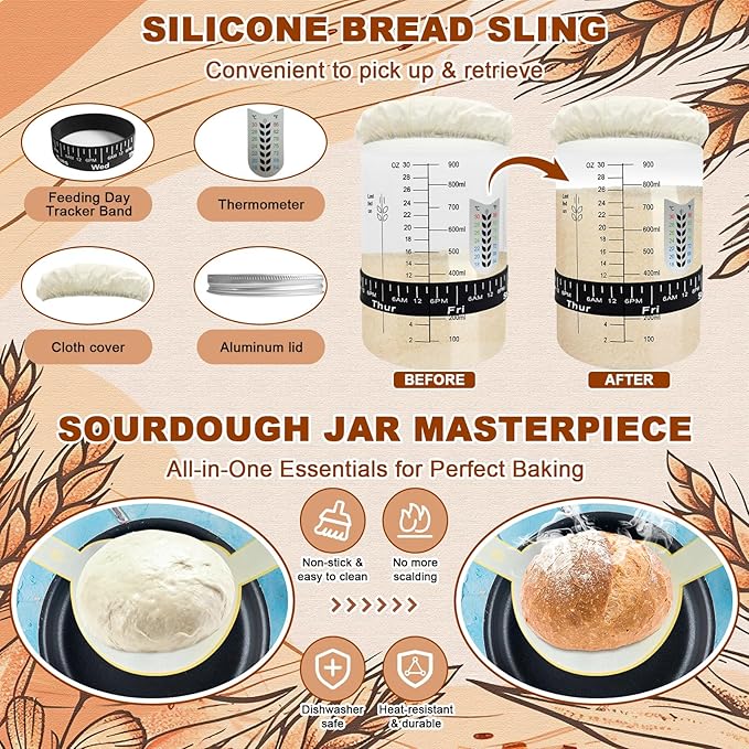 Sourdough Starter Kit,Sourdough Bread Baking Supplies, 9" Round and 10" Oval Banneton Bread Proofing Basket Set with Sourdough Starter Jar, Sourdough Bread Making Kit Valentine's Gifts for Women Wife