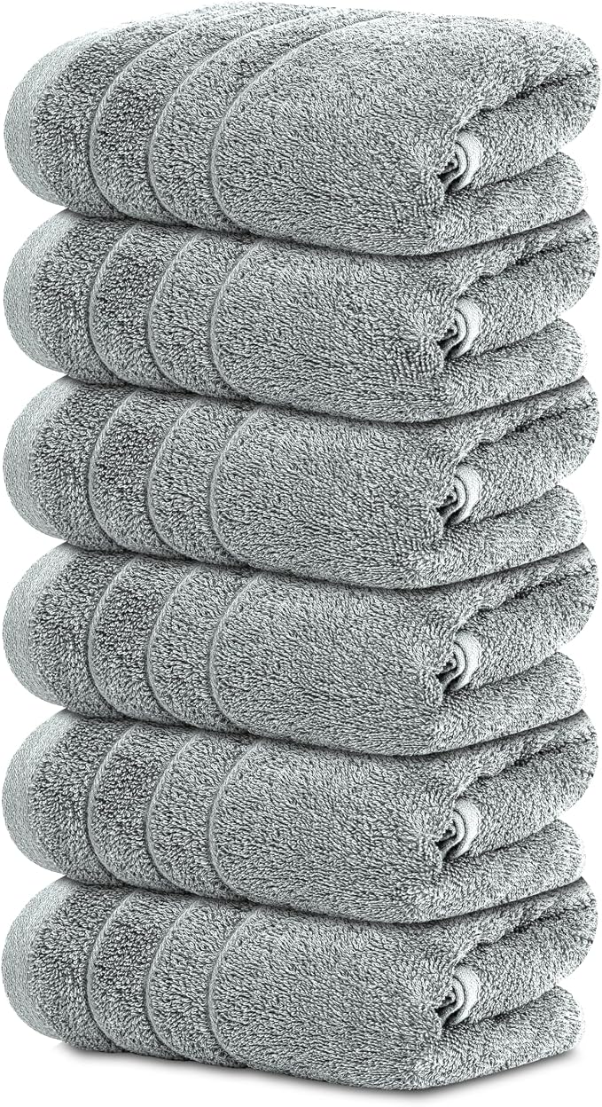 6 Piece Hand Towels Set 16 x 28 Inches, Cool Grey | 100% Cotton, Lighter Weight by TensTowels