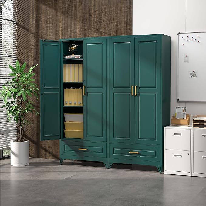 75" Kitchen Pantry Cabinet with Drawer, Metal Storage Cabinets with Doors and 4 Adjustable Shelves,Green Kitchen Cabinet with 2 Gold Handles,Food Cupboard for Livingroom,Pantry, Bathroom