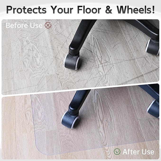 Office Chair Mat for Hardwood Floor, 1/8" Thick 53"x 45" Crystal Clear Hard Floor Chair Mat, Transparent Floor Protector Mat Flat Without Curling