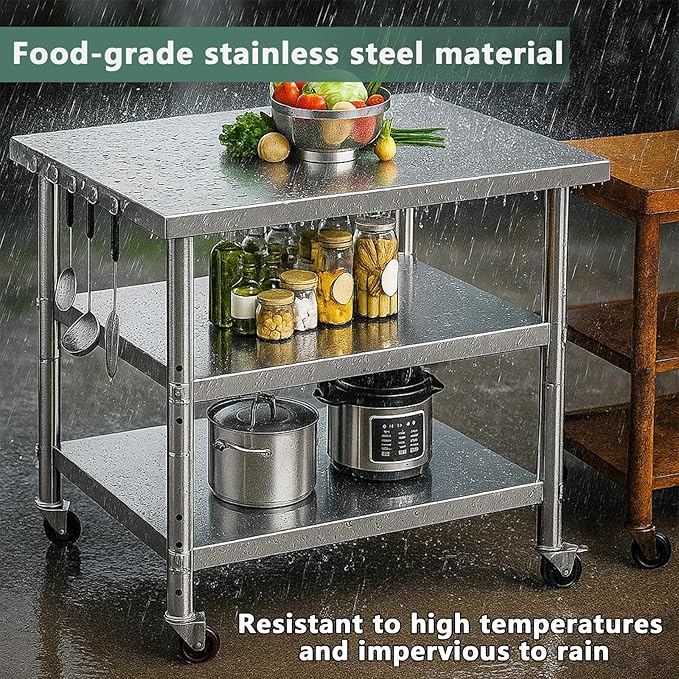Stainless Steel Table with Wheels for Food Preparation and Work, Multi-Size Optional, Three-Layer Variable Two-Layer Metal Commercial Workbench Outdoor, Restaurant, Kitchen (36" Lx32 Wx34 H)
