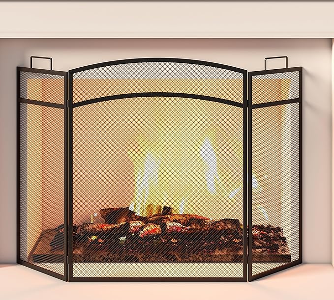 3 Panel Fireplace Screen 48" W x 29" H Modern Foldable with Wrought Metal Decorative Mesh,Arch Heavy Duty Fire Spark Guard Cover for Home Decor Indoor, Black