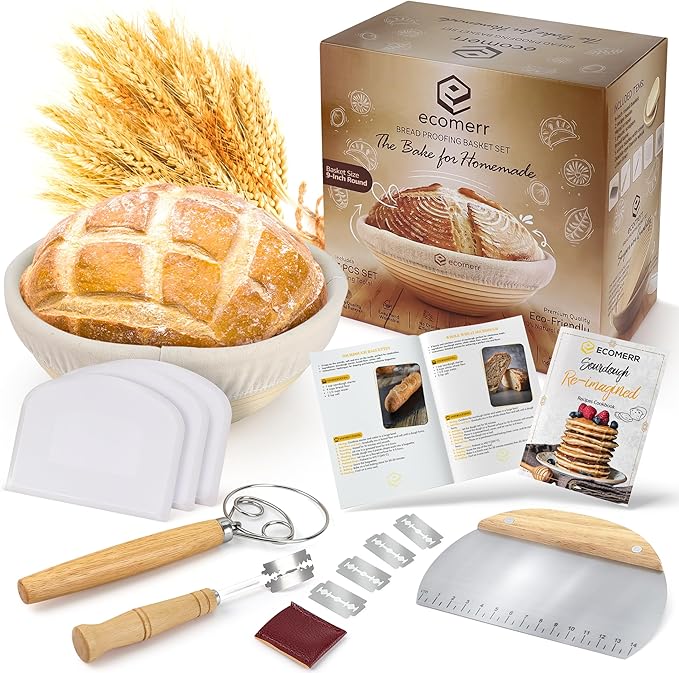 Banneton Bread Proofing Basket, 9inch Round Sourdough Starter Kit, Sourdough Bread Baking Supplies and Baking Accessories, Banneton Basket Gift Set