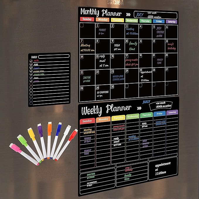 Hivillexun Magnetic Black Dry Erase Calendar White Board Set (3-Pack) - Monthly, Weekly Planners & Daily Notepad for Fridge, Home & Office, Includes 8 Markers