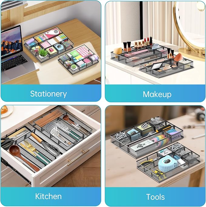 SUPEASY 2 Pack Mesh Drawer Organizer, Metal Desk Drawer Organizer Tray - Image 6